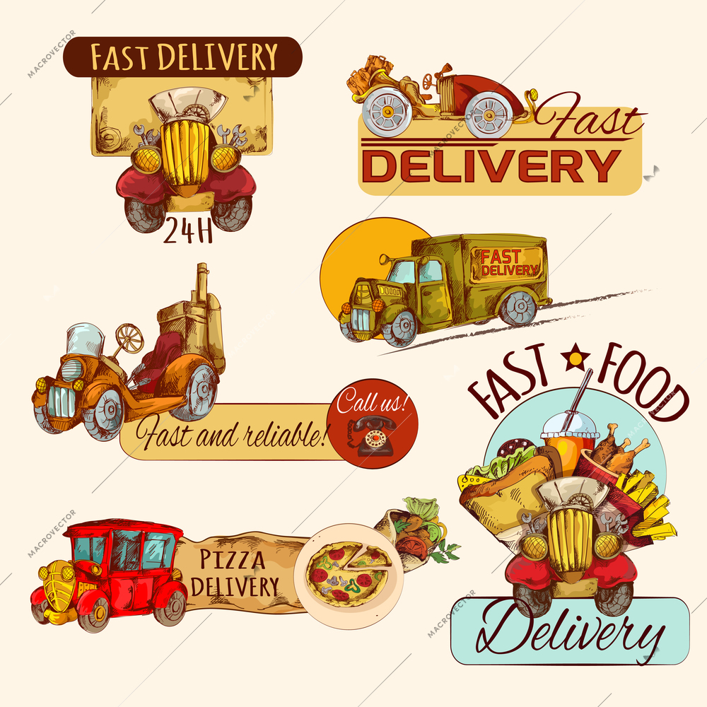 Retro cars fast food delivery hand drawn emblems set isolated vector illustration
