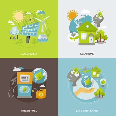 Eco energy design concept set with green fuel planet home flat icons isolated vector illustration