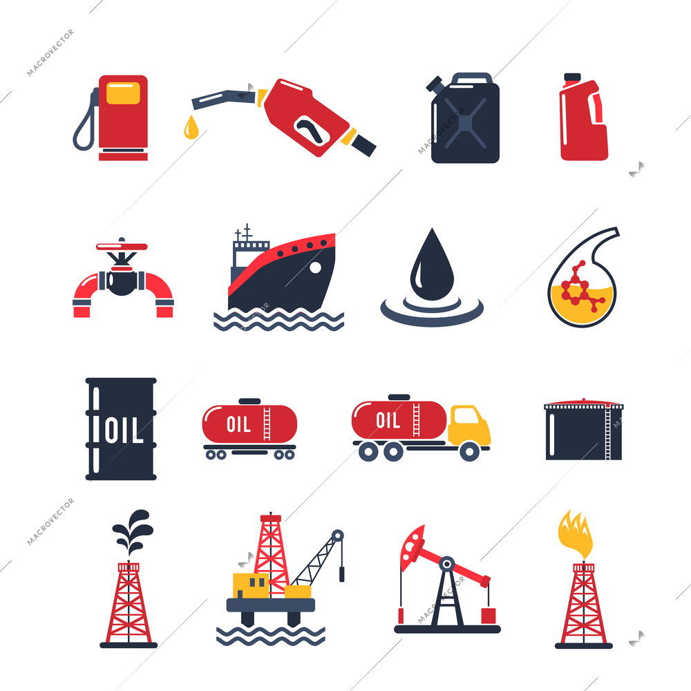 Petroleum industry flat icon set isolated with drilling process gasoline pump oil can isolated vector illustration