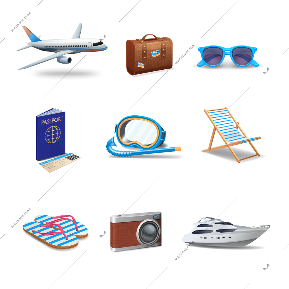 Travel icons realistic set with passport sunglasses snorkeling mask isolated vector illustration