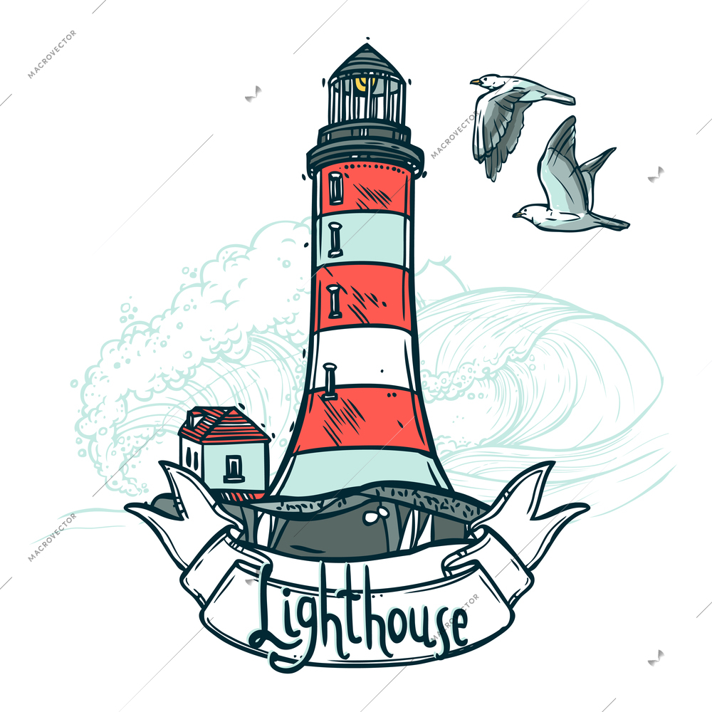 Lighthouse sketch illustration with ribbon seagull and sea waves on background vector illustration