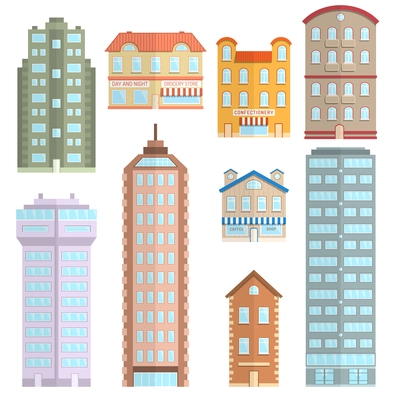 House apartment town and city building decorative icons flat set isolated vector illustration