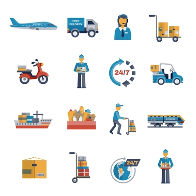 Delivery freight shipping logistic and transportation icons flat set isolated vector illustration