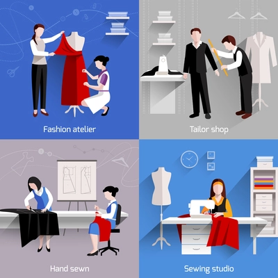 Sewing design concept set with fashion atelier tailor studio shop flat icons isolated vector illustration