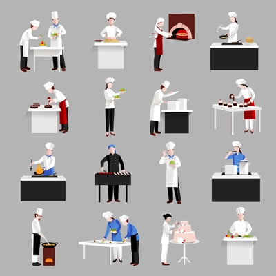 Cooking icons set with restaurant chef figures serving a table and making decoration isolated vector illustration
