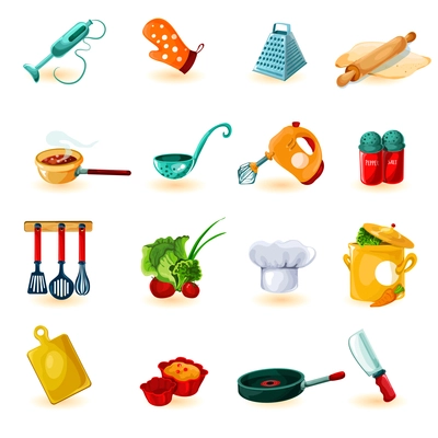 Cooking utensil decorative icons set with mixer knife bowl isolated vector illustration