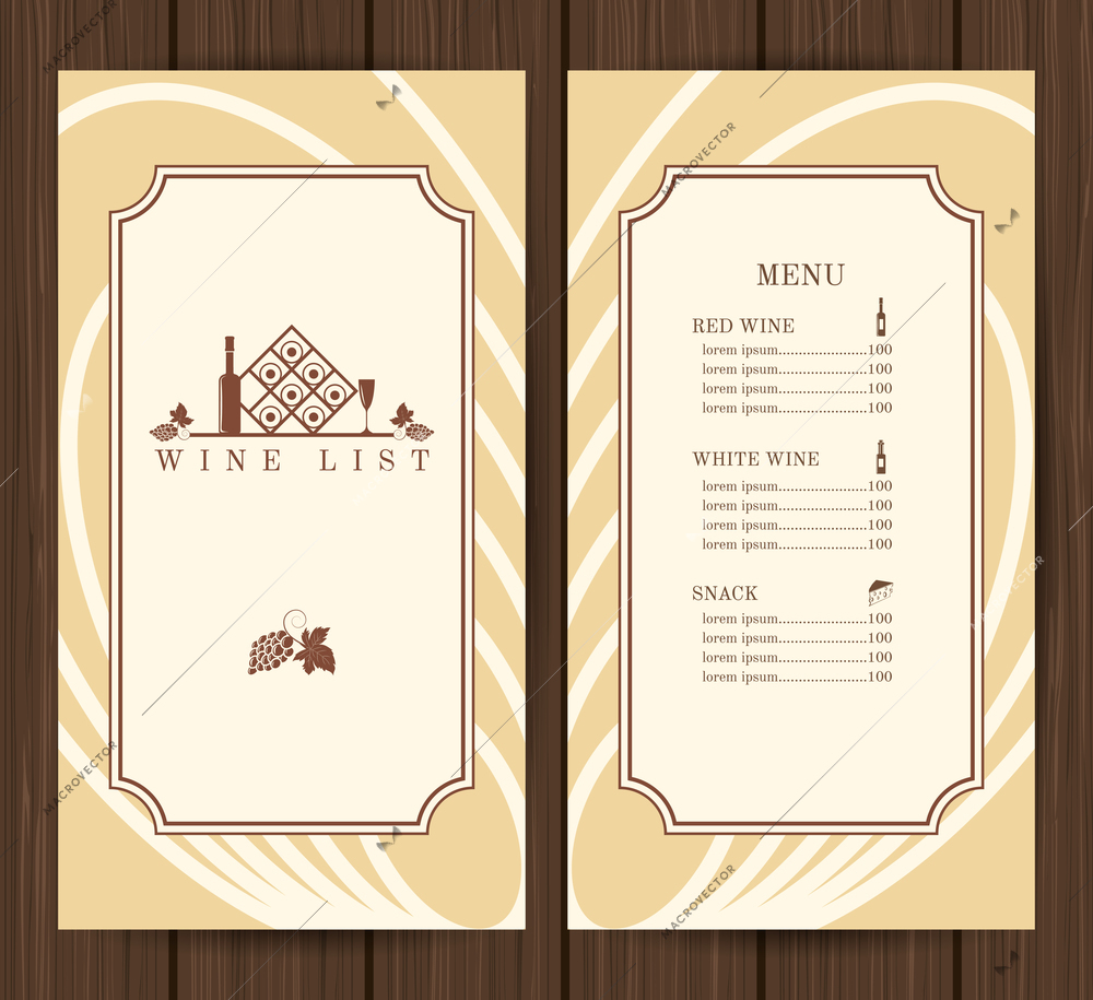 Wine list restaurant menu template on wooden background vector illustration