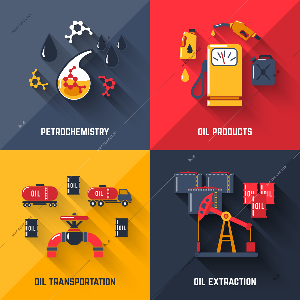 Petroleum design concept set with petrochemistry oil products transportation and extraction flat icons isolated vector illustration