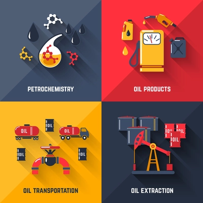 Petroleum design concept set with petrochemistry oil products transportation and extraction flat icons isolated vector illustration