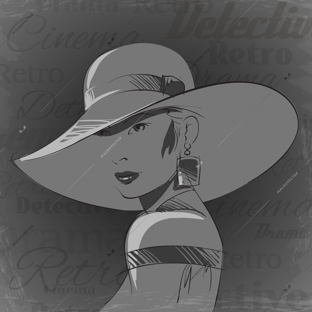 Vintage cinema woman portrait wearing broad-brim hat vector illustration