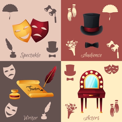 Theater design concept set with spectacle audience writer and actors icons isolated vector illustration