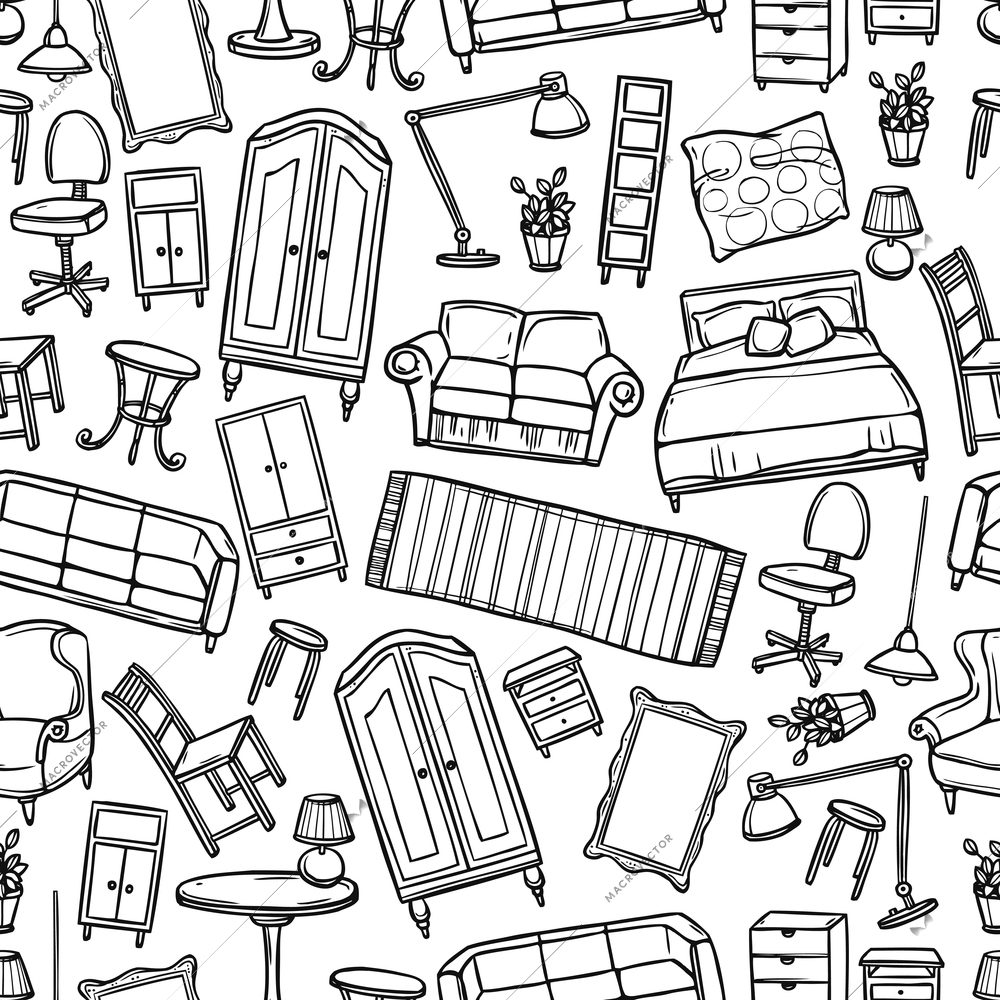 Furniture hand drawn seamless pattern with modern and classic home accessories vector illustration