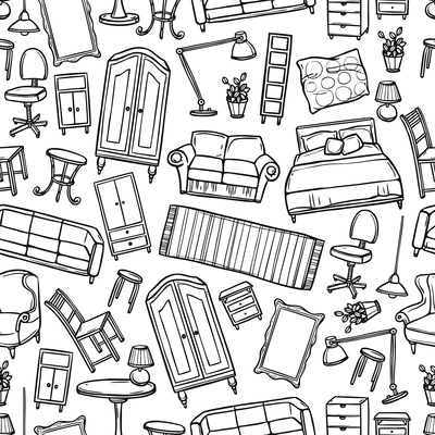 Furniture hand drawn seamless pattern with modern and classic home accessories vector illustration