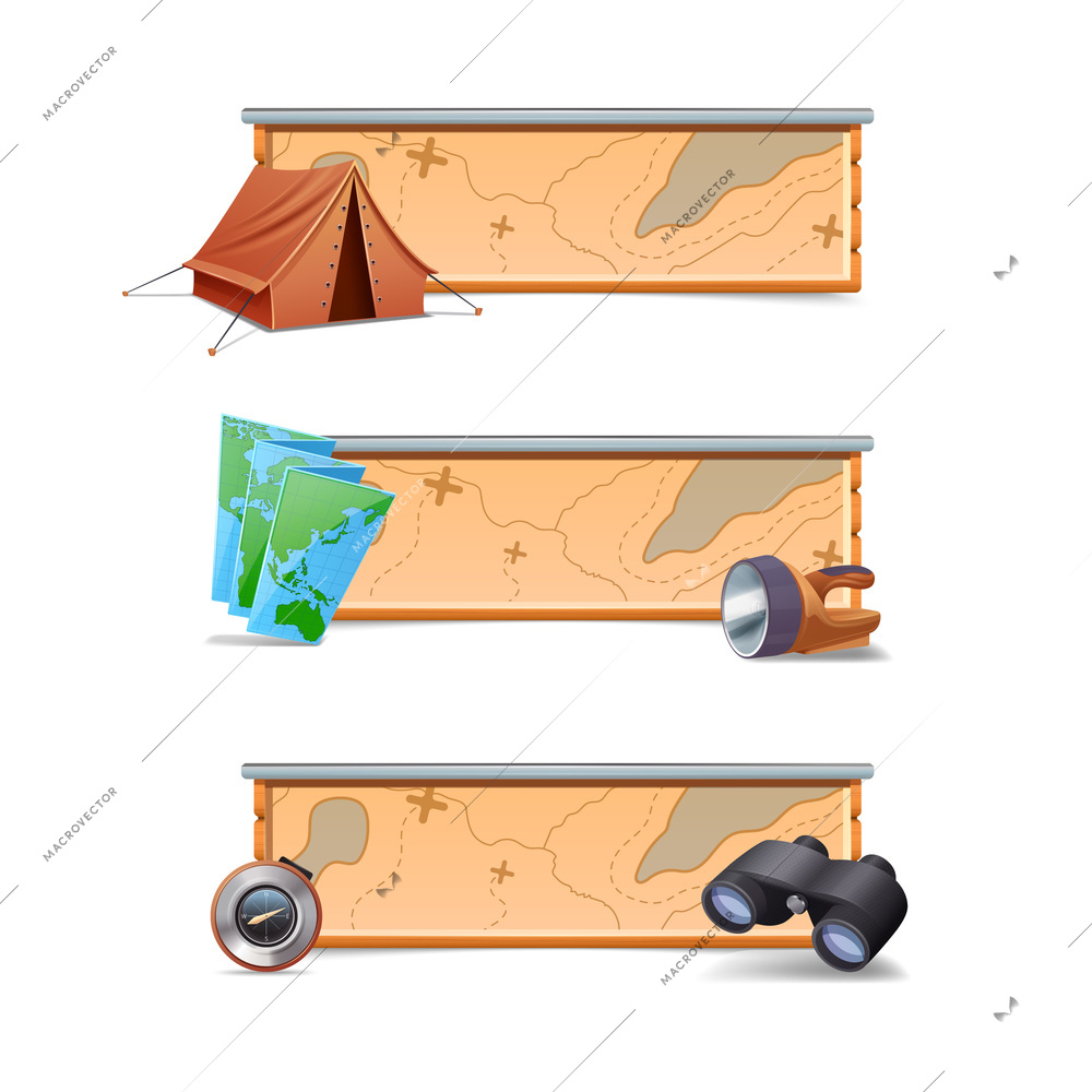 Hiking banners horizontal set with realistic tent map compass isolated vector illustration