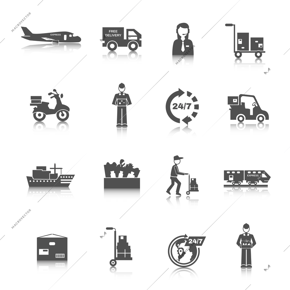 Delivery freight and transportation logistics icons black set isolated vector illustration