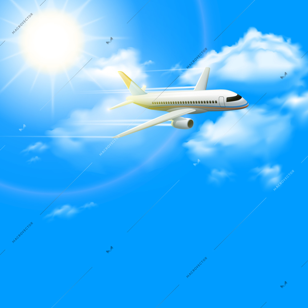 Realistic plane aircraft in blue sunny sky with clouds on background poster vector illustration