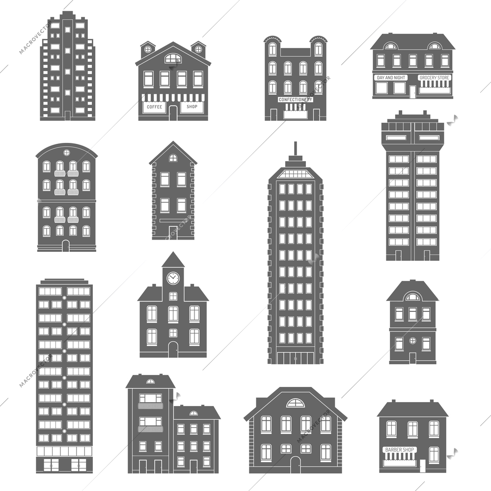 Urban and suburb house and office buildings decorative icons black set isolated vector illustration