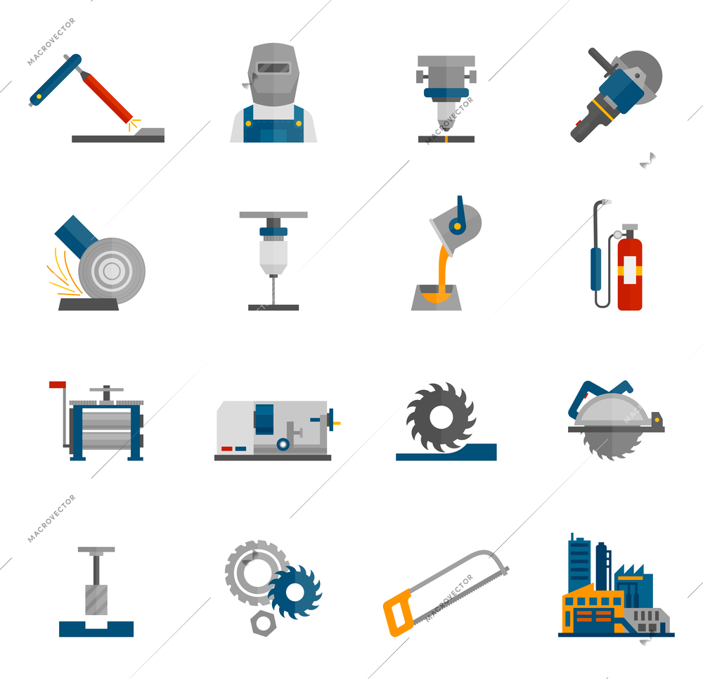 Metal-working labor mechanical industry icon flat set isolated vector illustration