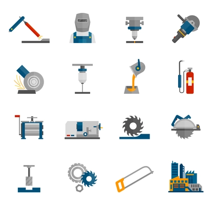 Metal-working labor mechanical industry icon flat set isolated vector illustration