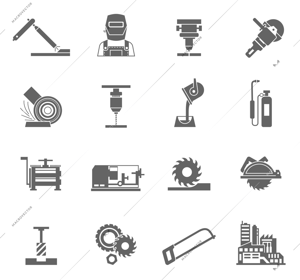 Metal-working industry black icon set with power equipment isolated vector illustration