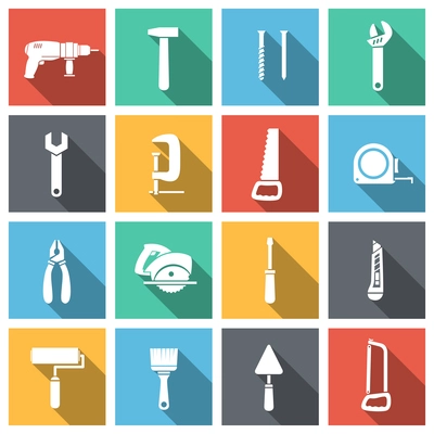 Tools flat icons set of spanner saw driver and paint isolated vector illustration