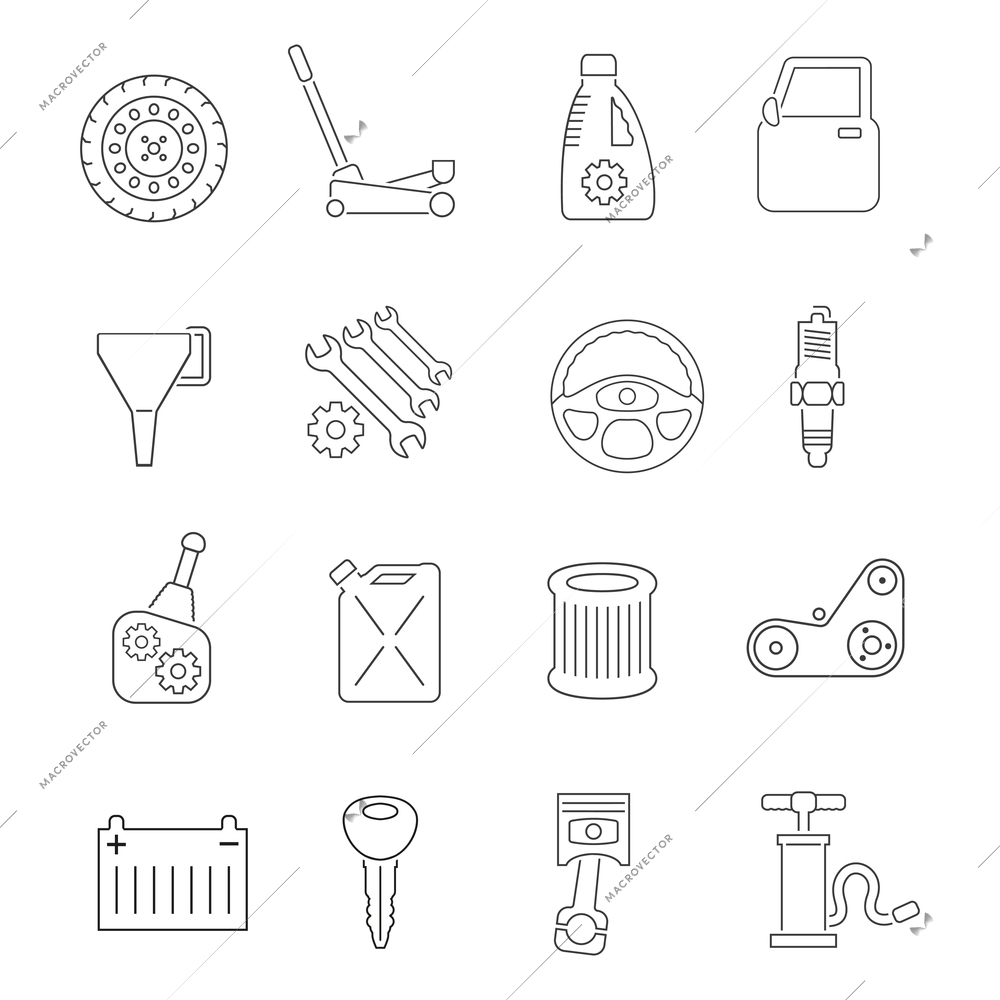 Auto service car maintenance and tuning outline icons set isolated vector illustration