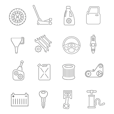Auto service car maintenance and tuning outline icons set isolated vector illustration