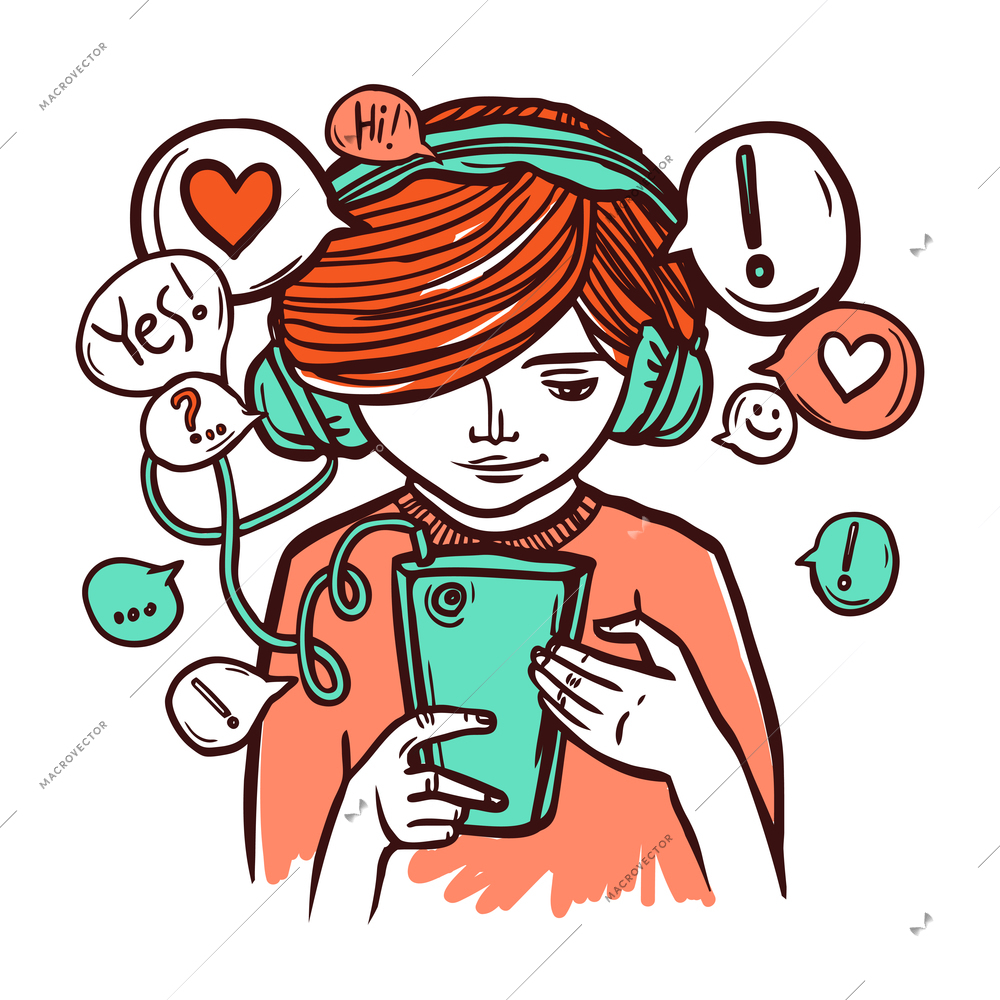 Young girl in headphones chatting with smartphone hand drawn vector illustration