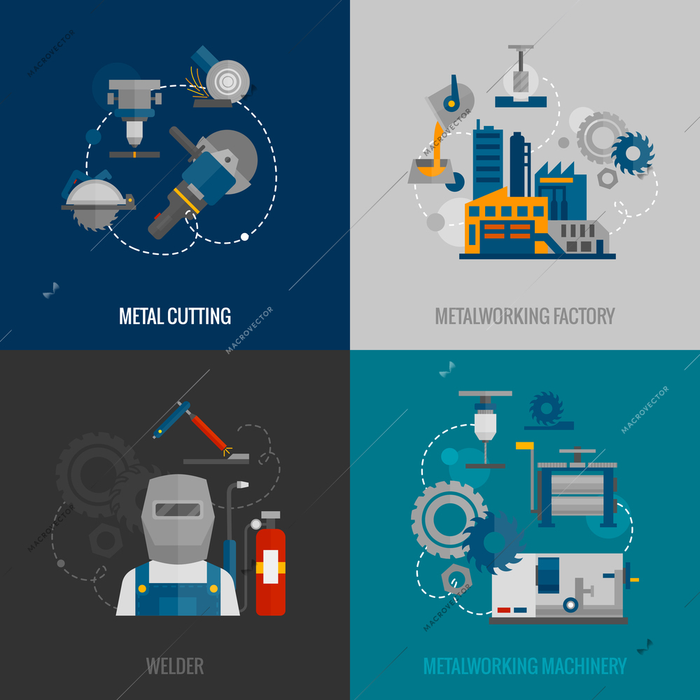 Metalworking factory and cutting machinery 4 flat icons composition with welder equipment pictograms abstract isolated vector illustration