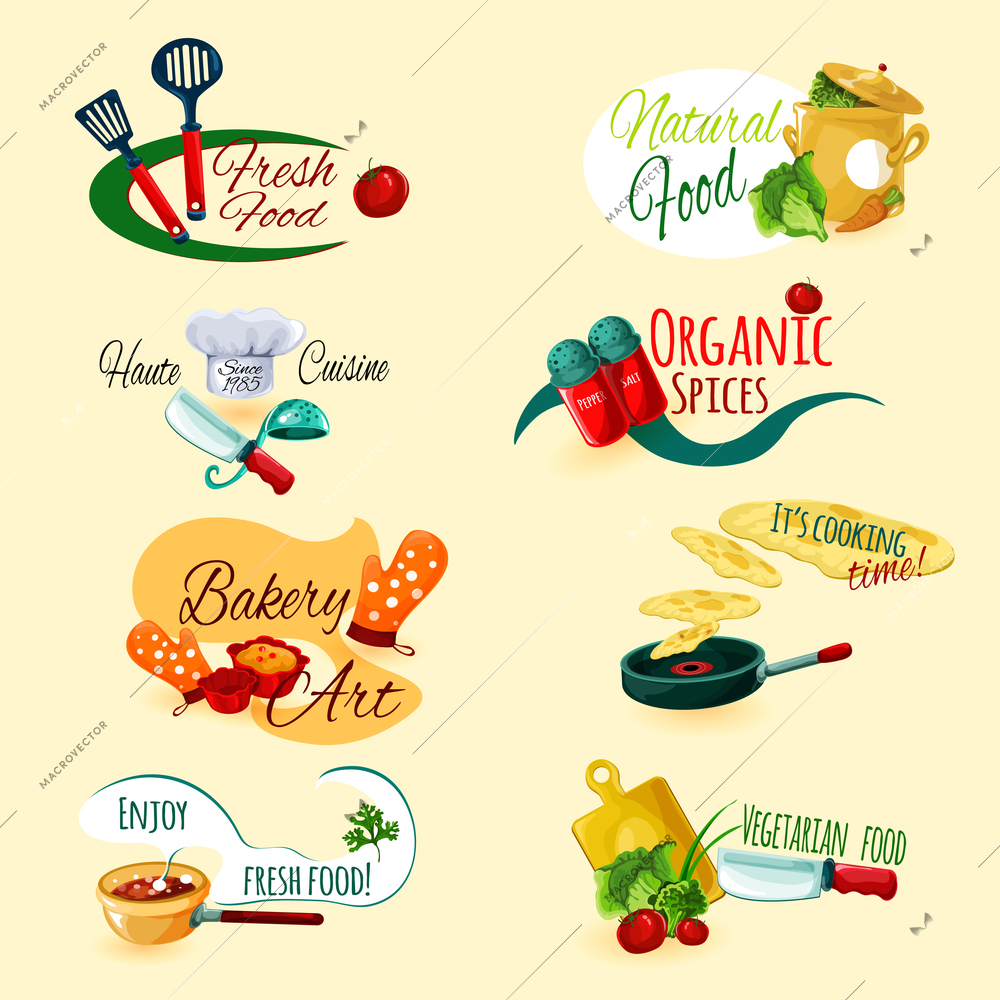 Fresh natural food organic spices cooking and baking emblems set isolated vector illustration