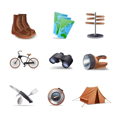 Hiking realistic decorative icons set with boots map bike isolated vector illustration
