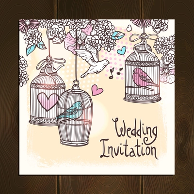 Wedding invitation card with hand drawn birds in cages with flower and hearts decoration vector illustration