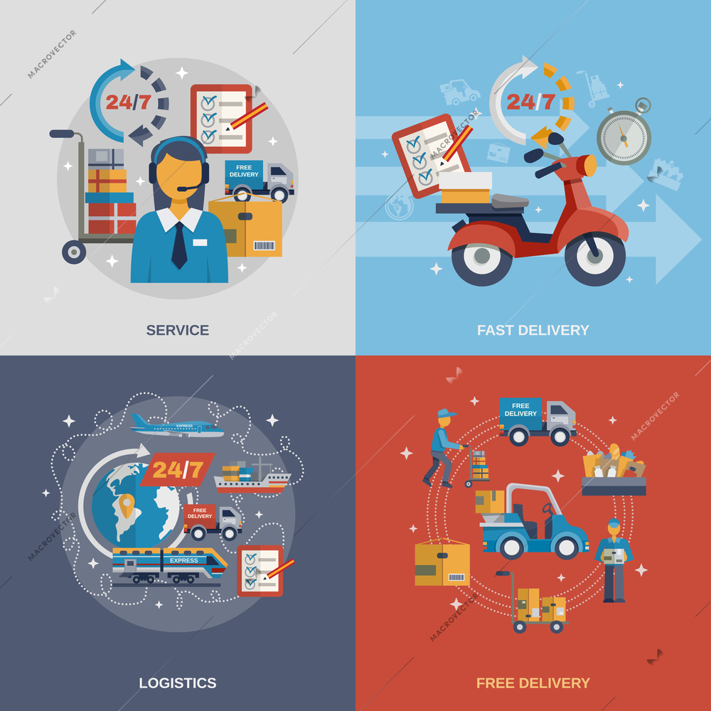 Delivery design concept set with fast free logistic service flat icons isolated vector illustration