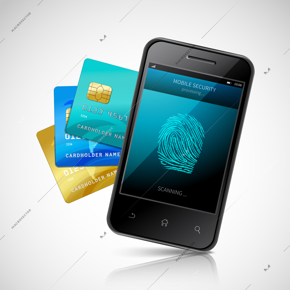 Biometric mobile payment concept with realistic smartphone with fingerprint login application and credit cards set vector illustration