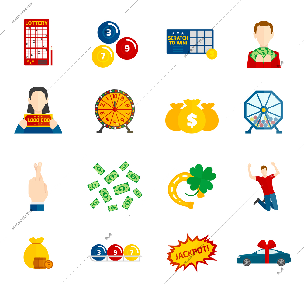 Lottery and gambling money game icon flat set isolated vector illustration