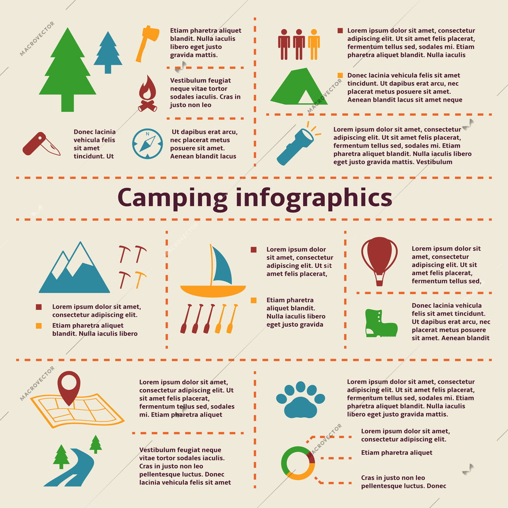 Camping and outdoor activity tourism infographic elements for web design and presentation vector illustration