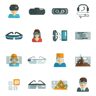 Virtual reality glasses headset optics flat icons set isolated vector illustration