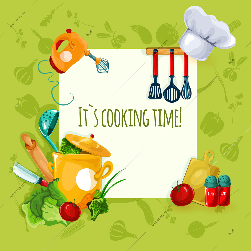 Cooking appliances and restaurant utensil and food background vector illustration