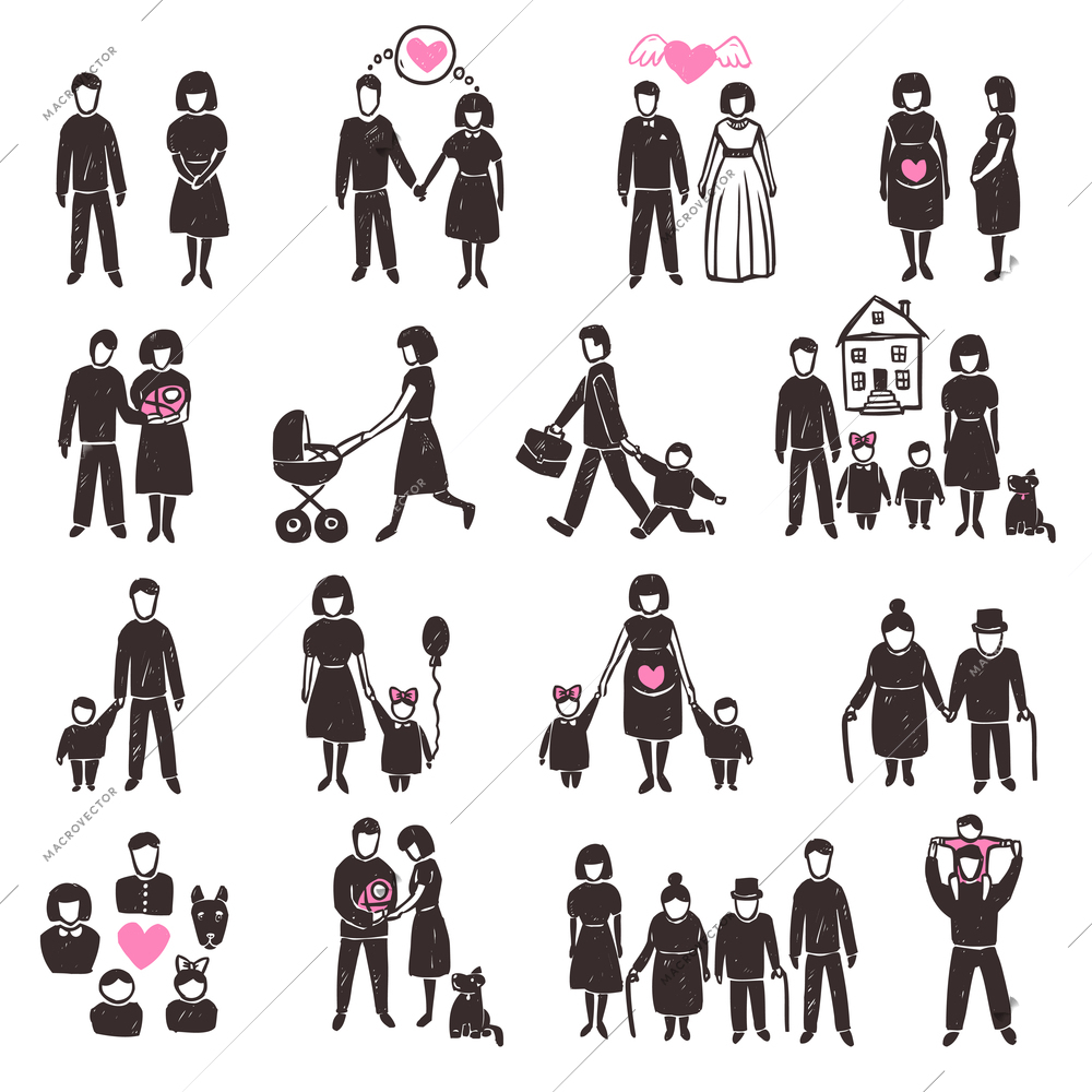 Family decorative icon set with sketch people silhouettes isolated vector illustration