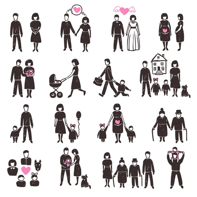 Family decorative icon set with sketch people silhouettes isolated vector illustration