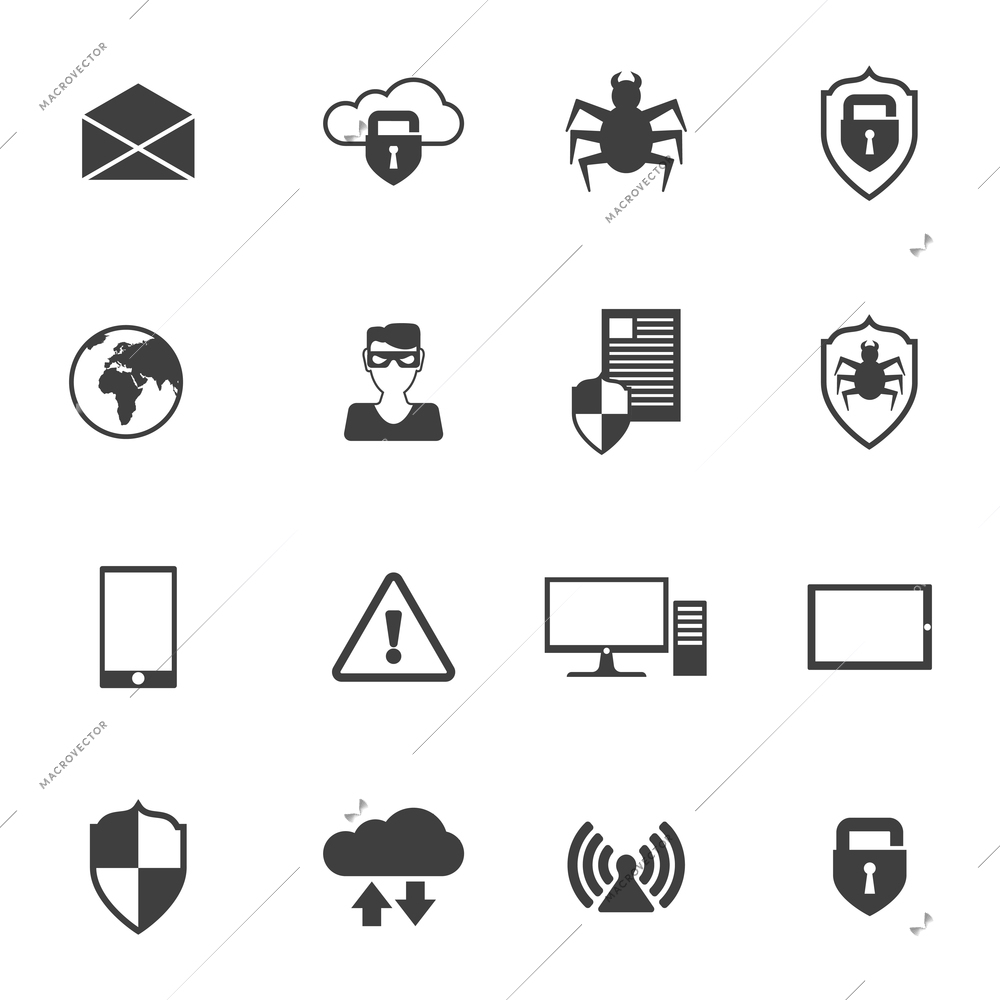 Network security safe information computing technology icons set black isolated vector illustration