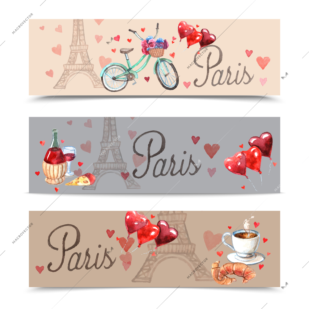 Paris  romantic love balloons and red wine with eiffel tower background banners set abstract watercolor vector illustration