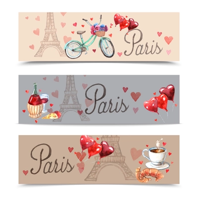 Paris  romantic love balloons and red wine with eiffel tower background banners set abstract watercolor vector illustration