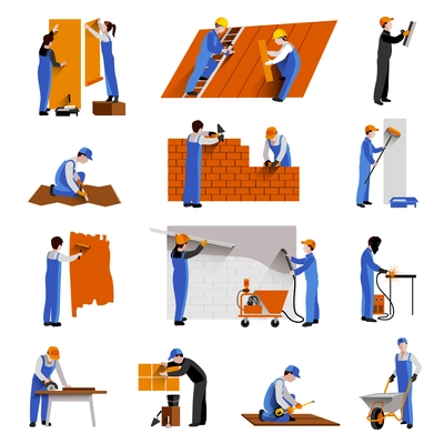 Workers builder engineers and technician icons set isolated vector illustration