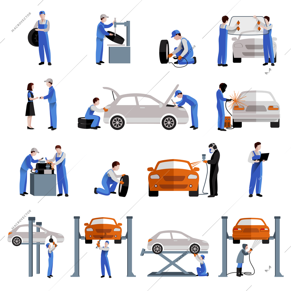 Auto mechanic car service repair and maintenance work icons set isolated vector illustration