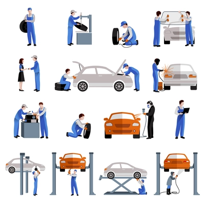 Auto mechanic car service repair and maintenance work icons set isolated vector illustration