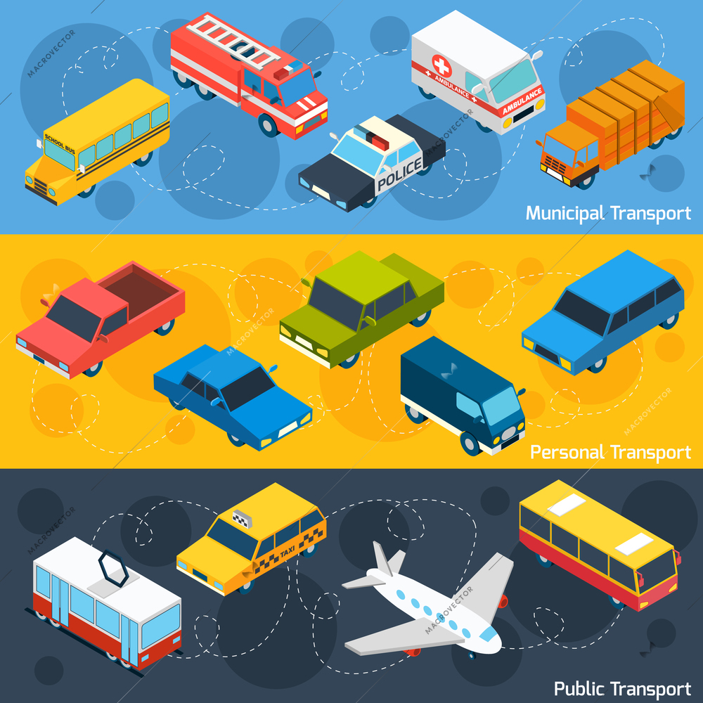 Transport horizontal banner set with municipal personal and public isometric elements isolated vector illustration