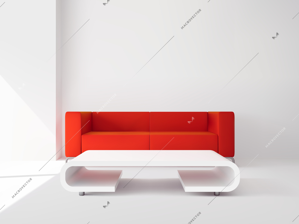 Realistic luxury apartment living room interior with red sofa and white table vector illustration