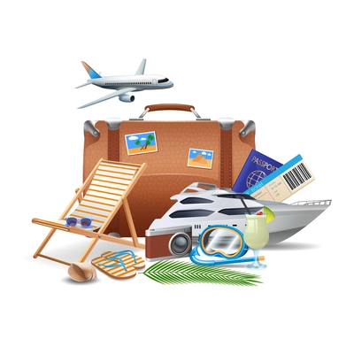 Tourism and travel concept with realistic suitcase yacht airplane and cocktail vector illustration