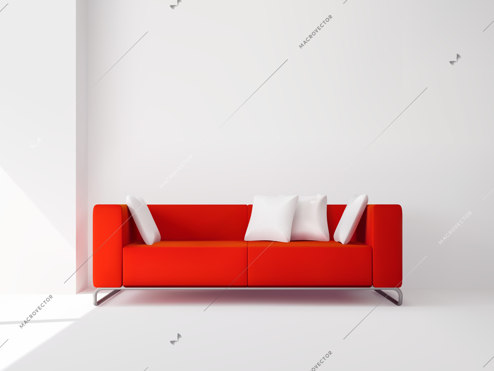 Realistic red square sofa on the metal legs with white pillows interior vector illustration